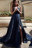 dark blue lace long prom dress v neck backless evening dress