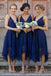 dark blue spaghetti straps v neck asymmetrical lace bridesmaid dress