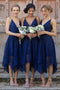 Dark Blue Spaghetti Straps V-neck Asymmetrical Lace Bridesmaid Dress PB194