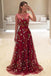 dark red a line bateau tulle long prom dress with floral embroidery