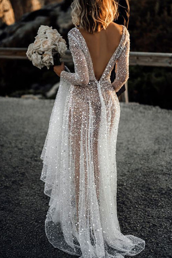 see through long sleeves deep v neck a line sparkly wedding dresses