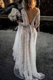 See Through Long Sleeves Deep V Neck  A Line Sparkly Wedding Dresses PW519