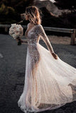 See Through Long Sleeves Deep V Neck  A Line Sparkly Wedding Dresses PW519