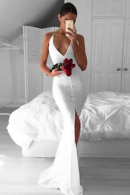 mermaid lace prom dress backless evening dress with slit