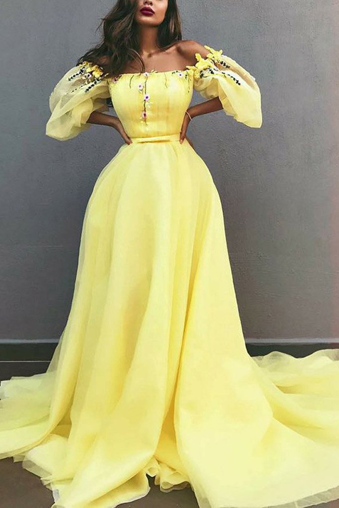 disney princess yellow off shoulder chiffon puff sleeves prom dresses mp863