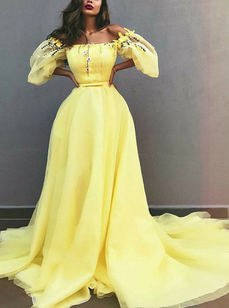 disney princess yellow off shoulder chiffon puff sleeves prom dresses