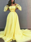 disney princess yellow off shoulder chiffon puff sleeves prom dresses mp863