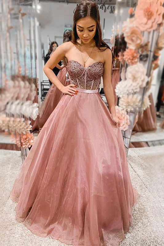 dusty pink sweetheart beaded top a line long prom dress strapless formal gown
