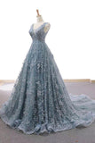 dusty blue tulle long prom dress with appliques formal gown