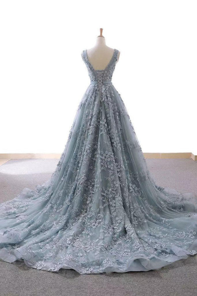 dusty blue tulle long prom dress with appliques formal gown
