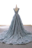 dusty blue tulle long prom dress with appliques formal gown