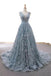 dusty blue tulle long prom dress with appliques formal gown