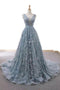 Dusty Blue Tulle Long Prom Dress With Appliques Formal Gown GP62