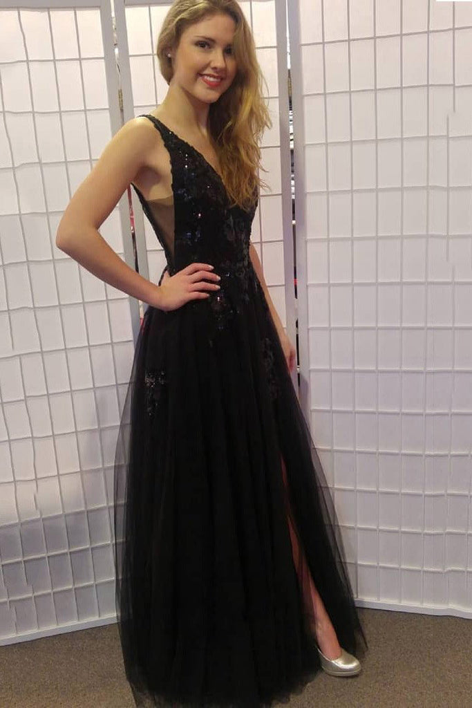 glitter black long prom dress tulle v neck sequin with split