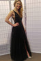 Glitter Black Long Prom Dress Tulle V-neck Sequin With Split MP1180