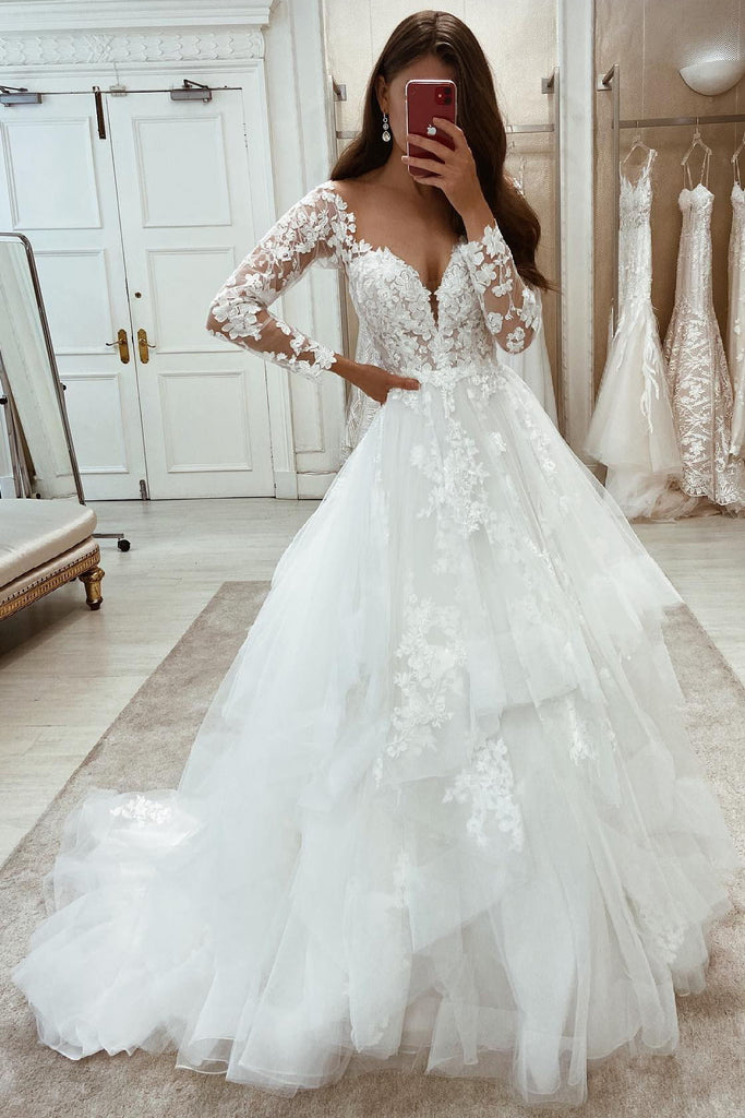elegant a line long sleeves lace white tiered tulle wedding dresses