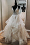 Elegant A-line V Neck Backless Appliques Tulle Lace Wedding Dresses PW445