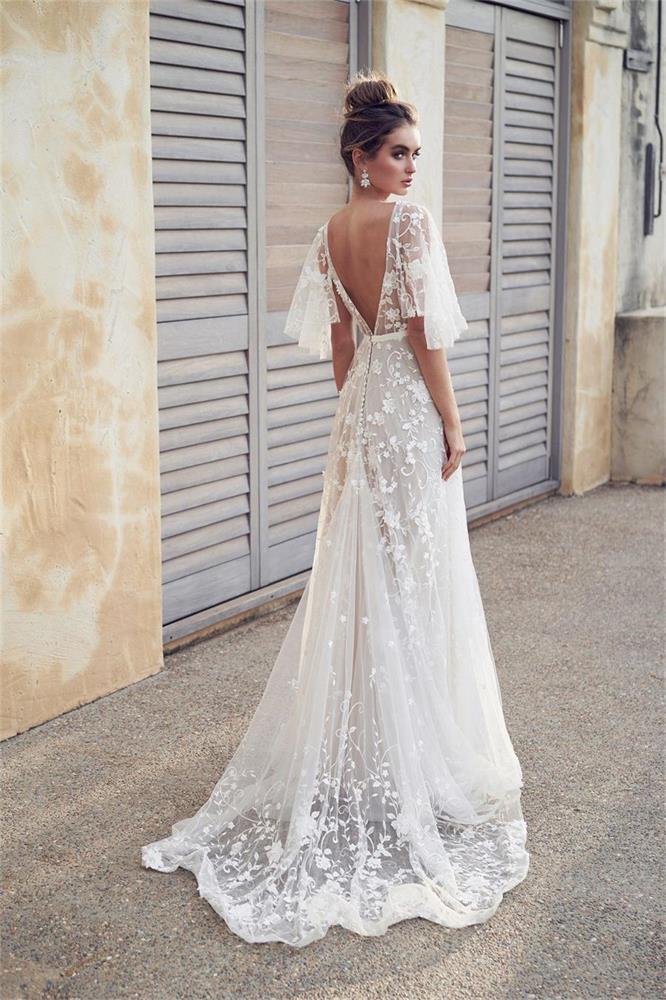 Elegant A-line V Neck Puff Sleeves Beach Tulle Wedding Dresses with La –