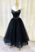 elegant black tulle tea length prom dress spaghetti straps party dress