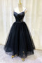 Elegant Black Tulle Tea Length Prom Dress Spaghetti Straps Party Dress GM598