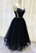 elegant black tulle tea length prom dress spaghetti straps party dress