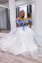 Elegant Blue White Tulle Long Prom Dress, Off-the-Shoulder Evening Gown GP299