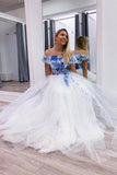 Elegant Blue White Tulle Long Prom Dress, Off-the-Shoulder Evening Gown GP299