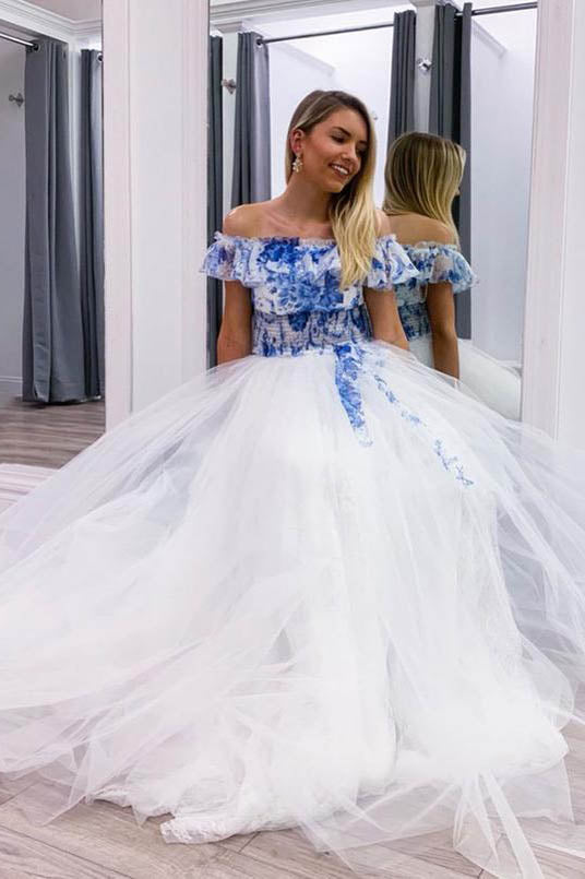 elegant blue white tulle long prom dress off the shoulder evening gown
