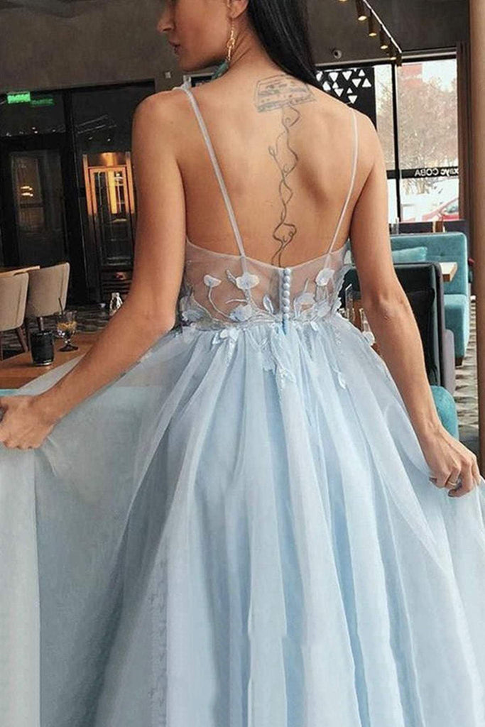 elegant dusty blue floral long prom dress a line v neck formal dresses
