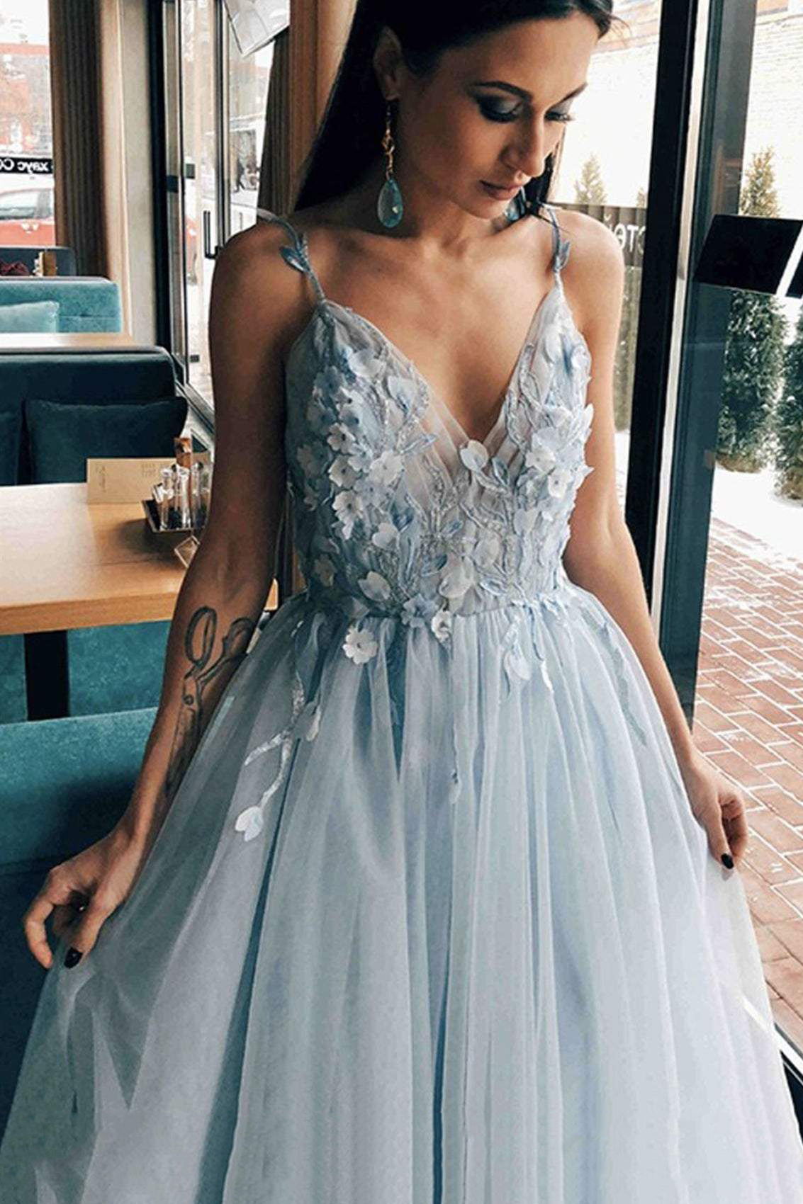 Elegant Dusty Blue Floral Long Prom Dress, A-line V-neck Formal Dresses GP217