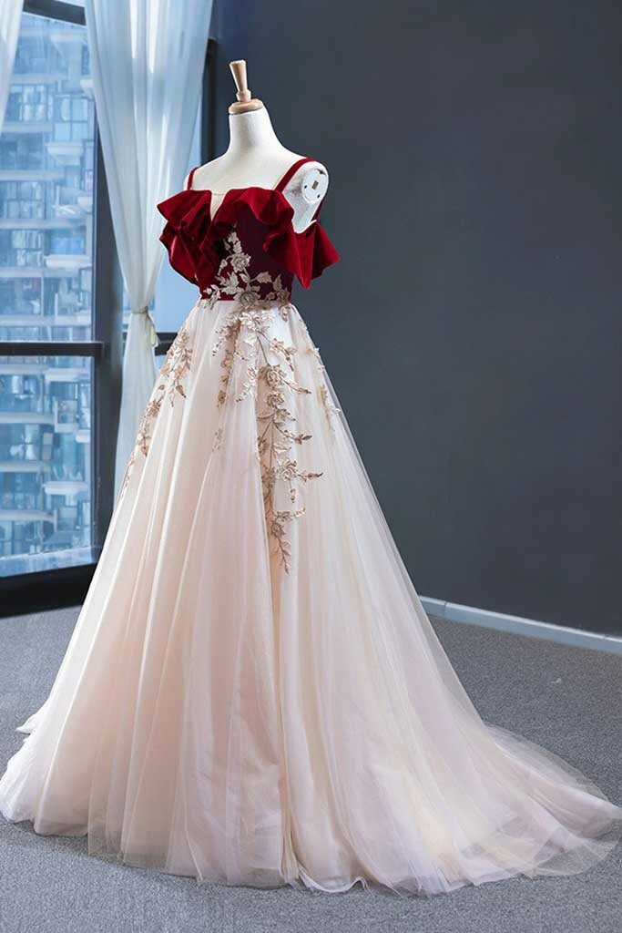 elegant straps tulle with velvet red long prom formal dress
