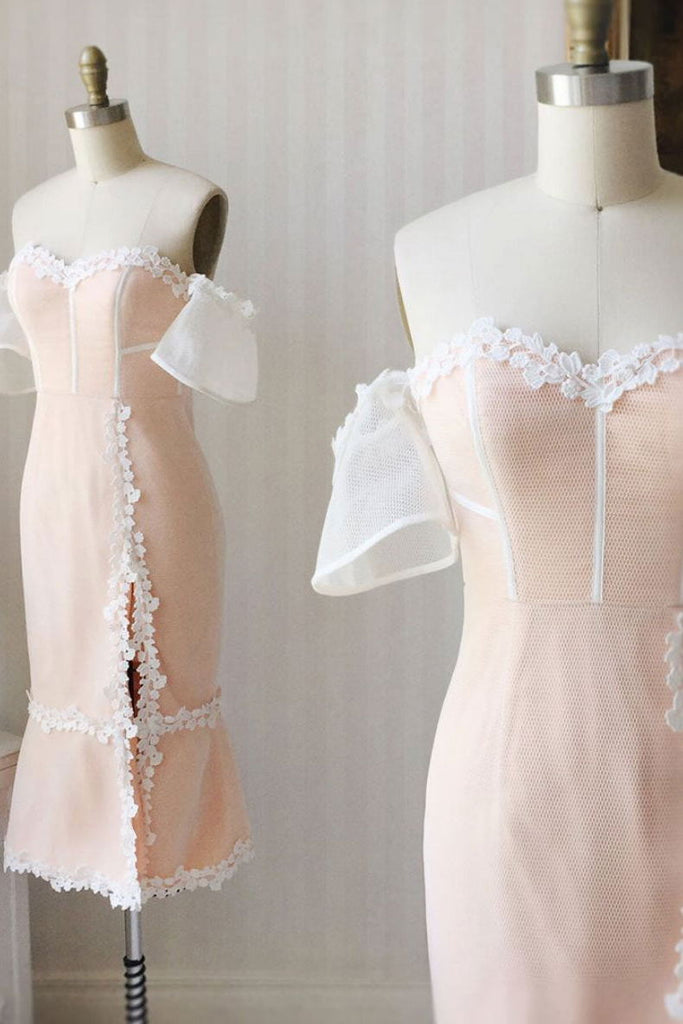 elegant sweetheart off shoulder pink sheath prom dress knee length formal gown