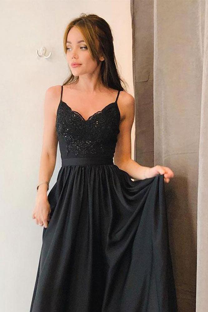 elegant a line long black prom dress spaghetti straps evening gown with split