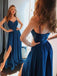 elegant a line spaghetti straps satin long royal blue prom dress with split
