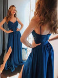 elegant a line spaghetti straps satin long royal blue prom dress with split