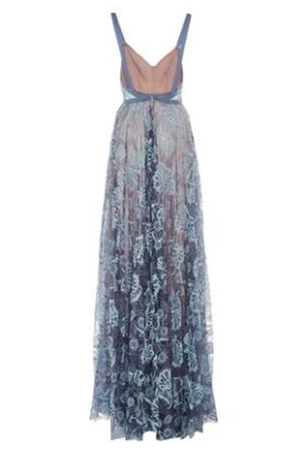 elegant blue lace prom dresses spaghetti straps backless party dress