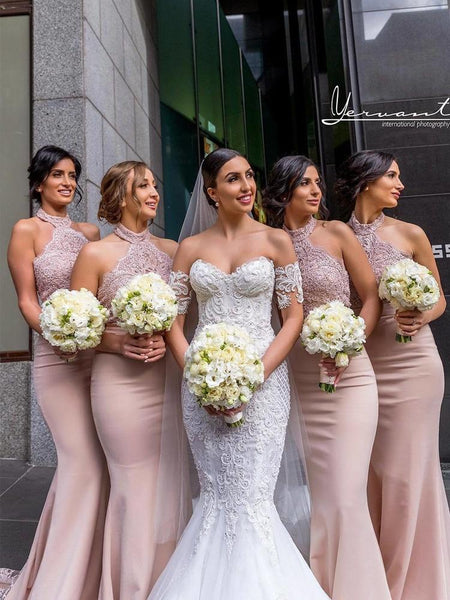 Buy Elegant Blush High Neck Lace Satin Mermaid Bridesmaid Dresses PB141 MyGirlProm
