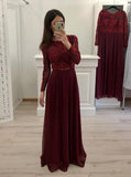 elegant burgundy long sleeves chiffon long prom dresses