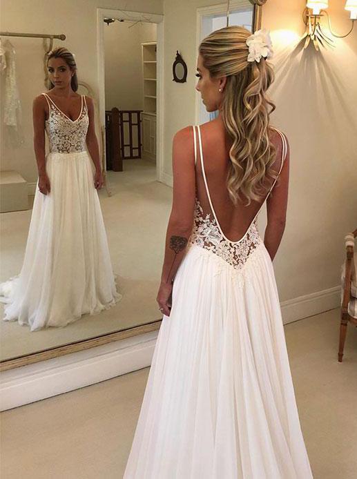 elegant chiffon lace applique backless beach wedding dress pw271