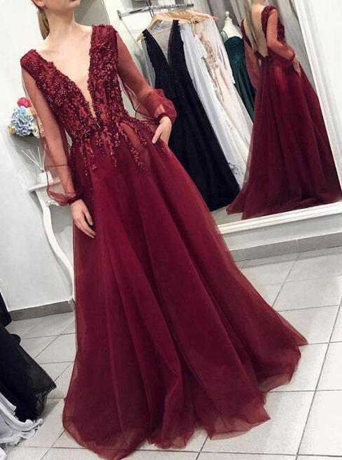 Elegant Deep V-neck Burgundy Backless Prom Dress With Long Puff Sleeves MP957