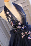 elegant navy blue long prom dress halter floral appliques backless ball gown mp718