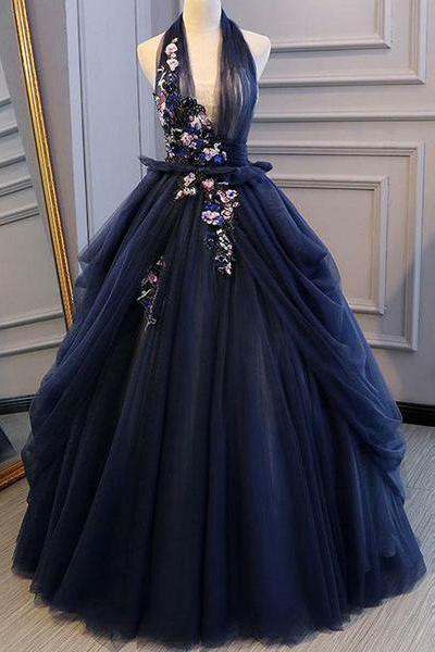 elegant navy blue long prom dress halter floral appliques backless ball gown