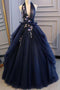 Elegant Navy Blue Long Prom Dress Halter Floral Appliques Backless Ball Gown MP718