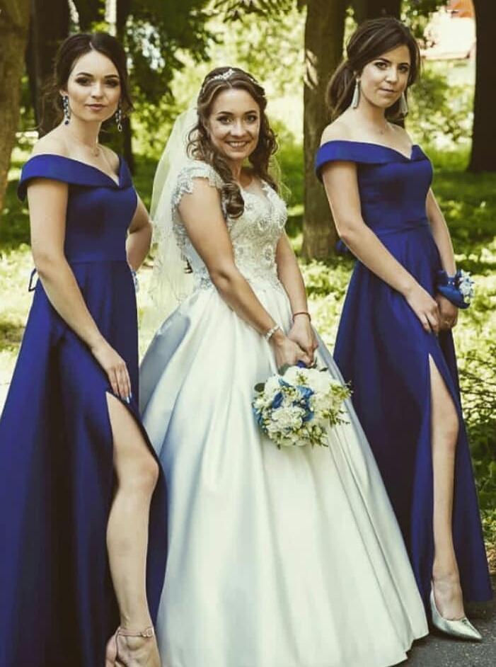 elegant off shoulder satin long bridesmaid dresses with split