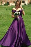 elegant off shoulder satin long bridesmaid dresses with split pb139