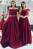 elegant off the shoulder beaded waist satin burgundy bridesmaid dresses pb146