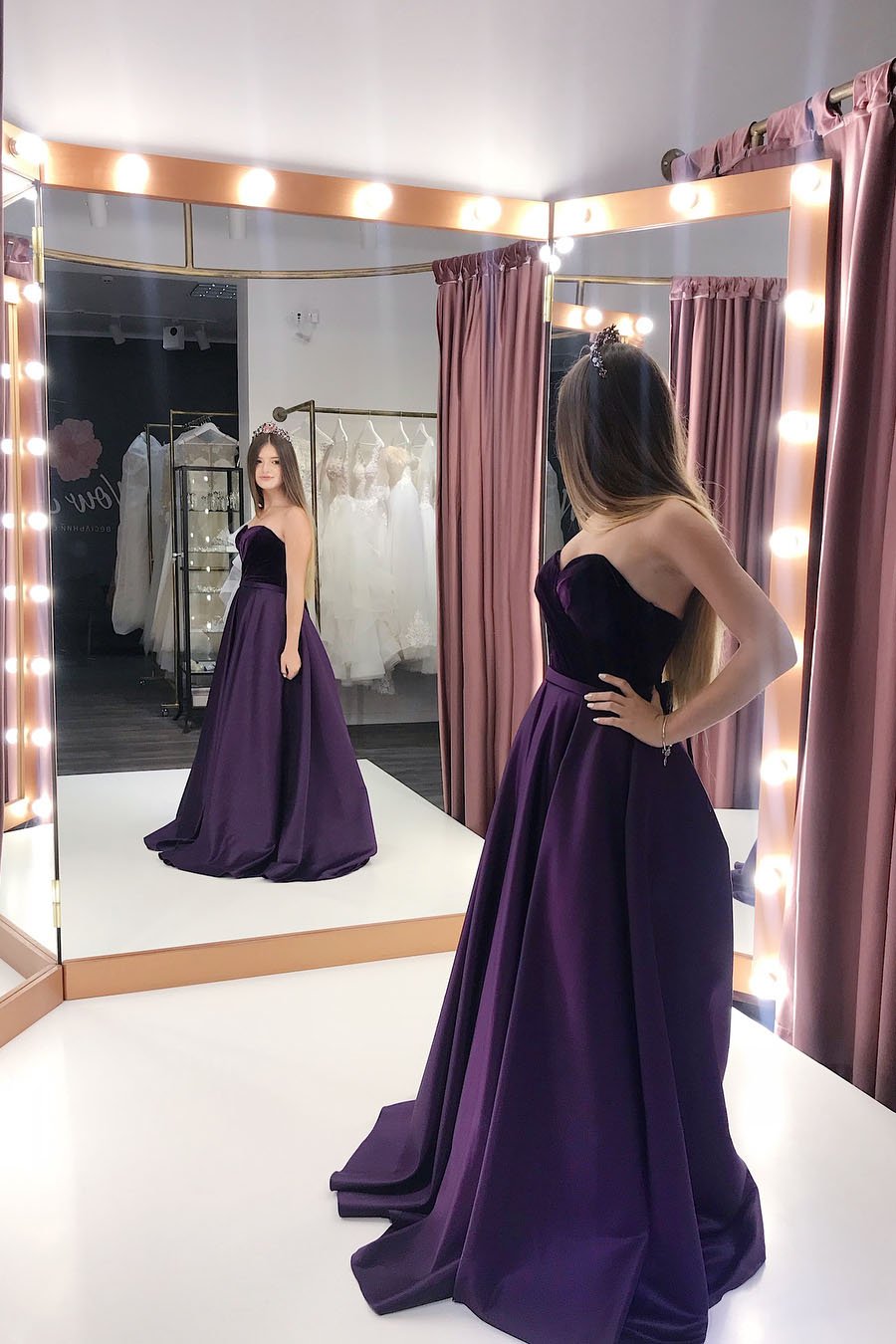 elegant purple satin sweetheart long prom dresses with pockets mp823