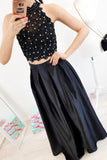 elegant two piece black lace prom dress high neck with beading