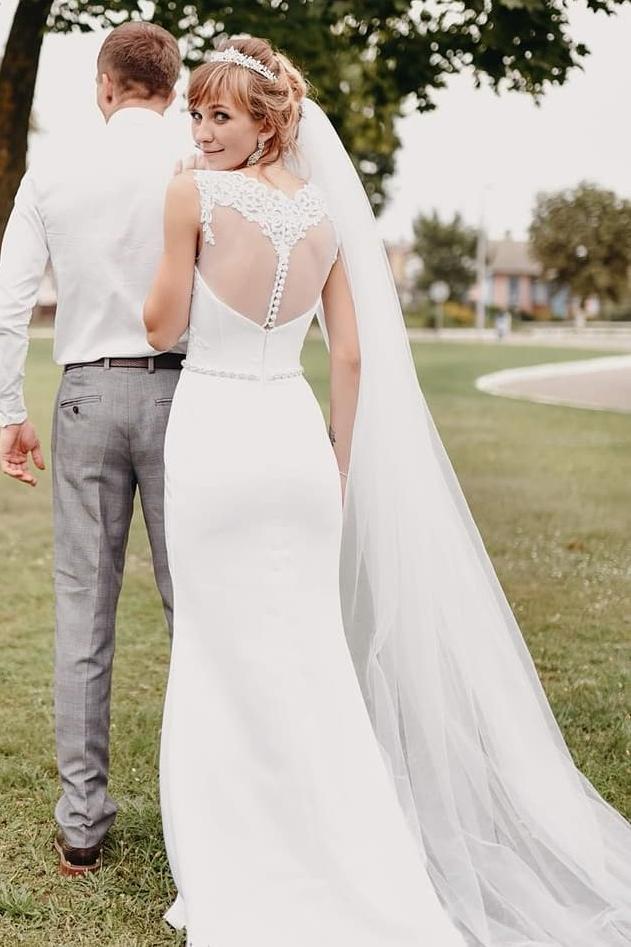 elegant white sheath wedding dress see through back waist beading