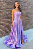 Elegant Lilac Pocket Long Prom Dress with Beading, Slit Evening Gown GP293